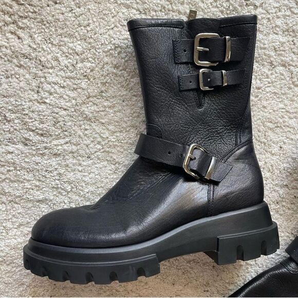 NEW AGL Chunky Biker Moto Lug Sole Black Leather Buckle Boots 40 - Picture 6 of 13